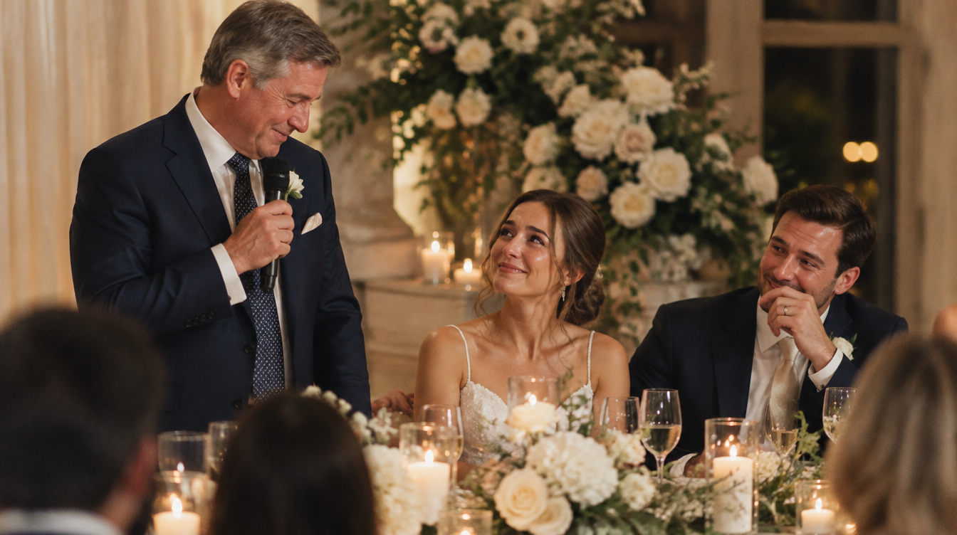 A father giving a heartfelt wedding speech as the newlyweds listen.